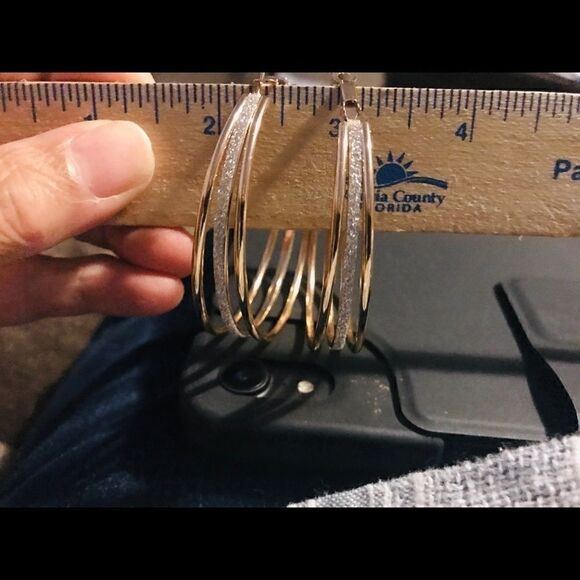 Gold Tone CZ Diamond Hoop Earrings - Picture 2 of 3